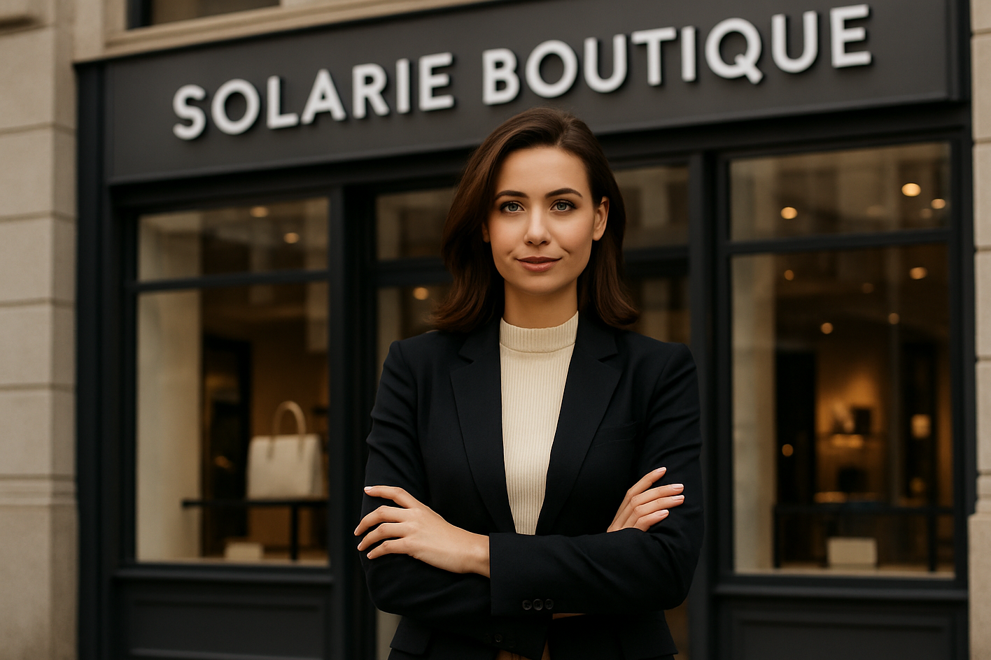 A WOMAN THAT STAND IN FONT OF A BUILD THE IS NAME SOLARIE BOUTIQUE IN PROTRIAT