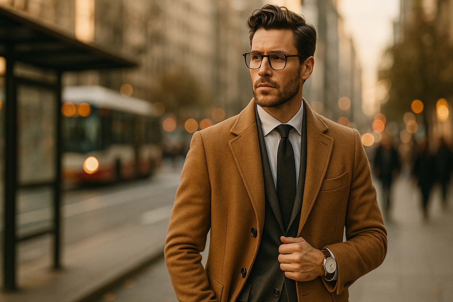 let do it professionally, i need a background for the my store banner showcasing the a man on a suitable cloth with a watch on a busy blur background  maybe containing a bus stop or something....