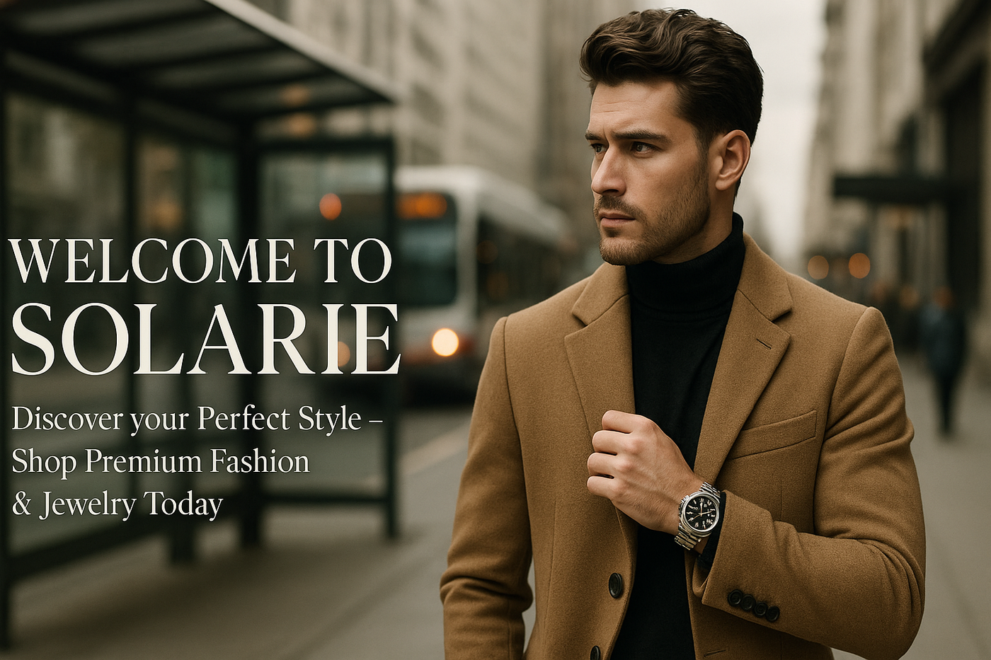 let do it professionally, i need a background for the my store banner showcasing the a man on a suitable cloth with a watch on a busy blur background  maybe containing a bus stop or something.... make it to contain a Headline "WELCOME TO SOLARIE" and a sub-body "Discover your Perfect Style - Shop Premium Fashion & Jewelry Today" make it align uniformly to the left 